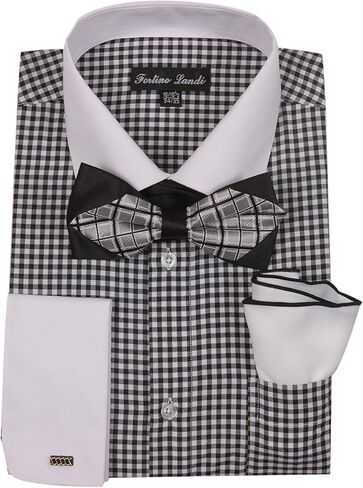 Men's Checks Shirt with High Fashion Bowtie and Handkerchief French Cuff FL628 in Saudi Arabia