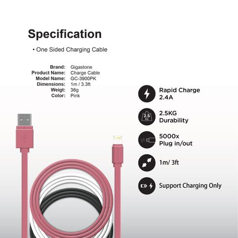 جيجاستون 【10 عبوات】 كابل شحن لأجهزة Apple Lightning، شحن سريع 3 أقدام 12 وات، متوافق مع iPhone وiPad، الشحن فقط، مزامنة البيانات غير مدعومة، وردي in Kuwait