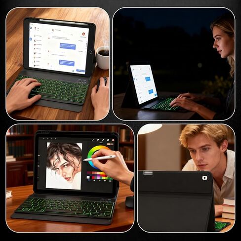 حافظة لوحة مفاتيح لجهاز iPad 9.7 بوصة الجيل السادس / الخامس 2018/2017 وPro 9.7 بوصة 2016، ماوس و7 ألوان لوحة مفاتيح قابلة للفصل بإضاءة خلفية، حامل قابل للتعديل مدمج في حامل أقلام الرصاص، نوم/تنبيه تلقائي، أسود in Kuwait
