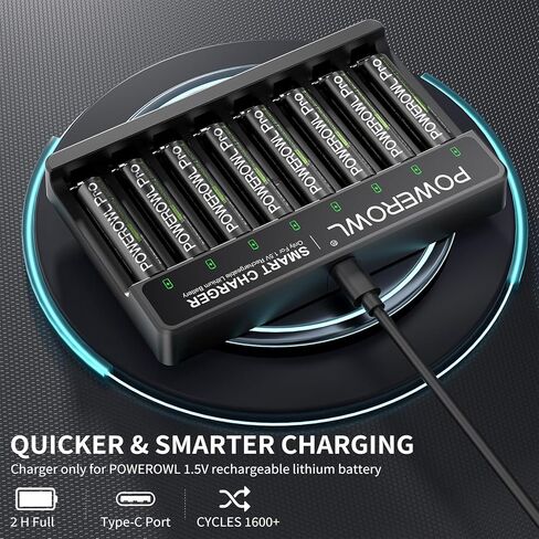 POWEROWL Rechargeable AAA Batteries Lithium with Charger, 1300mWh 1.5V Triple a Batteries 8 Pack with Type-C Fast Charging Independent 8-Slot Charger in Saudi Arabia