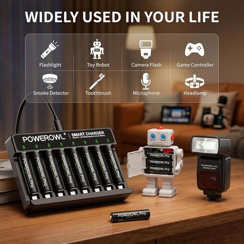 POWEROWL Rechargeable AAA Batteries Lithium with Charger, 1300mWh 1.5V Triple a Batteries 8 Pack with Type-C Fast Charging Independent 8-Slot Charger in Saudi Arabia