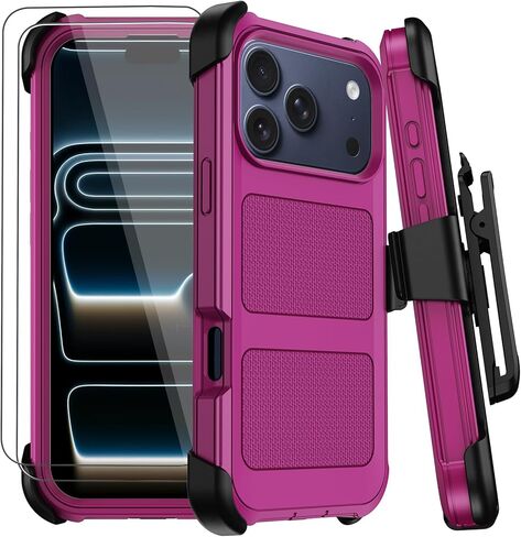 حافظة لهاتف iPhone 17 Pro Max مع حافظة بمشبك حزام، حافظات هاتف مضادة للسقوط ومضادة للصدمات مع واقيات شاشة ومسند، غطاء حماية متين من الدرجة العسكرية (أسود) in Kuwait