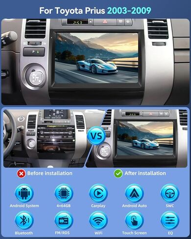 ستيريو سيارة أندرويد 4+64 جيجا لسيارة Toyota Prius 2003 2004 2005 2006 2007 2008 2009 (يدعم JBL) - راديو بشاشة لمس IPS 9 بوصة مع Carplay وAndroid Auto، 32 EQ DSP/WiFi/GPS/SWC + كاميرا الرؤية الخلفية AHD in Kuwait