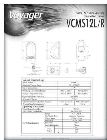 Voyager VCMS12R Super-CMOS بصريات ملونة عالية الأداء 1/3 بوصة مستشعر كاميرا بديلة لمراقبة الجسم الأيمن للمركبة (بدون مبيت)، مضادة للزهر، اتجاه صورة المرآة، 12 فولت تيار مستمر (متجدد) in Kuwait