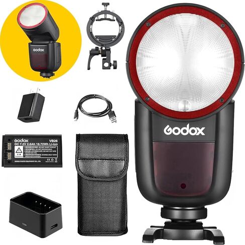 فلاش كاميرا GODOX V1 V1-S V1S مع دعامة فلاش Godox S3 لجهاز Sony Flash Speedlight Speedlite، 76Ws 2.4G TTL1/8000 HSS، 480 لقطة طاقة كاملة، وقت إعادة التدوير 1.5 ثانية، بطارية ليثيوم أيون 7.2 فولت/2600 مللي أمبير في الساعة (إصدار الولايات المتحدة الأمريكية) in Saudi Arabia