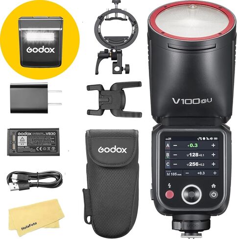 فلاش كاميرا Godox V100O USA الإصدار مع دعامة فلاش Godox S3 لكاميرات أوليمبوس باناسونيك، 100 واط 2.4 جيجا TTL1/8000 HSS، 400 ومضة طاقة كاملة، بطارية ليثيوم أيون 7.2 فولت/2980 مللي أمبير في الساعة، وقت إعادة التدوير 1.7 ثانية in Saudi Arabia