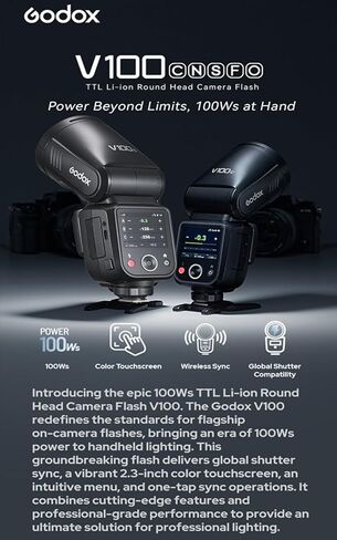 فلاش كاميرا GODOX V100S مع دعامة فلاش Godox S3 لسوني، 100Ws 2.4G TTL1/8000 HSS، بطارية ليثيوم 7.2 فولت/2980 مللي أمبير في الساعة، وقت إعادة التدوير 1.7 ثانية لكاميرا Sony ZV1 ZV1-F ZV-E10 A6400 A6700 إلخ (إصدار الولايات المتحدة الأمريكية) in Saudi Arabia