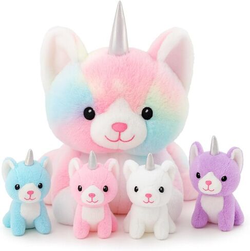 Chirpy Chums Dreamy Caticorn Family – 15" Magical Unicorn Cat Plush with 4 Kittens – Ultra-Soft Stuffed Animal, Zipper Belly Surprise – Magical Pillow Plushies, Big Plush Toy Gift for Kids Ages 3+ in Saudi Arabia