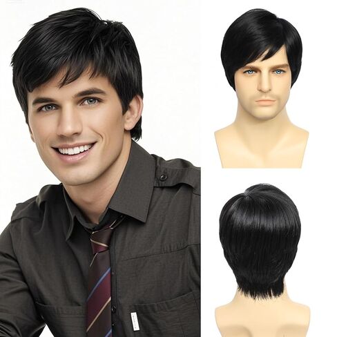 Grey Men's Wig,Short Silver Gray Wig Synthetic Side Part Heat Resistant Natural Halloween Cosplay Hair Straight Wig for Male in Saudi Arabia