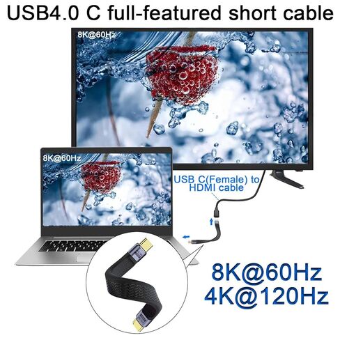 QIANRENON 240W USB4.0 C PD كابل قصير للشحن السريع 40 جيجابت في الثانية USB نوع C ذكر إلى ذكر كابل قصير للبيانات المسطحة 8K@60 هرتز صوت/فيديو، شحن 48 فولت/5 أمبير، للهواتف الذكية، بنك الطاقة، الكمبيوتر اللوحي، 13 سم/5.1 بوصة in Kuwait