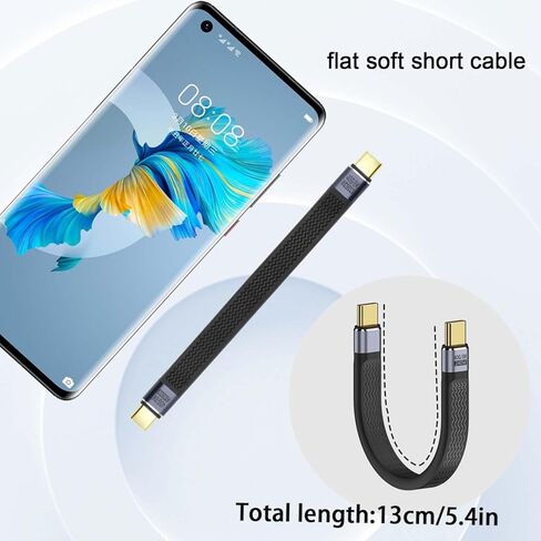 QIANRENON 240W USB4.0 C PD كابل قصير للشحن السريع 40 جيجابت في الثانية USB نوع C ذكر إلى ذكر كابل قصير للبيانات المسطحة 8K@60 هرتز صوت/فيديو، شحن 48 فولت/5 أمبير، للهواتف الذكية، بنك الطاقة، الكمبيوتر اللوحي، 13 سم/5.1 بوصة in Kuwait