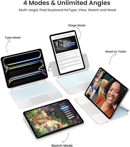 حافظة لوحة مفاتيح typecase Studio لجهاز iPad Pro 11 بوصة (M4) 2024، حافظة لوحة مفاتيح iPad مع إضاءة خلفية 11 لونًا، لوحة مفاتيح iPad متعددة الزوايا للنوع والعرض والرسم والقراءة، لوحة تتبع انقر في أي مكان، أبيض in Kuwait