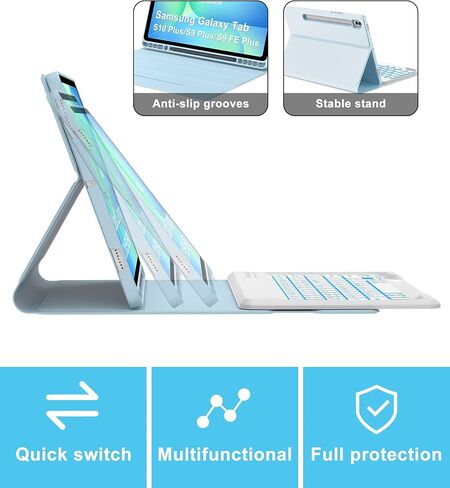 حافظة لوحة مفاتيح لجهاز Samsung Galaxy Tab S9 Plus/S10 Plus مقاس 12.4 بوصة، بإضاءة خلفية 7 ألوان مع حامل قلم S، لوحة مفاتيح لاسلكية مغناطيسية قابلة للفصل لجهاز Samsung Tab S10 Plus/S9 Plus (أزرق سماوي) in Kuwait