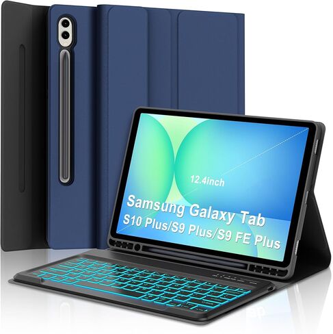 حافظة لوحة مفاتيح لجهاز Samsung Galaxy Tab S9 Plus/S10 Plus مقاس 12.4 بوصة، بإضاءة خلفية 7 ألوان مع حامل قلم S، لوحة مفاتيح لاسلكية مغناطيسية قابلة للفصل لجهاز Samsung Tab S10 Plus/S9 Plus (أزرق سماوي) in Kuwait