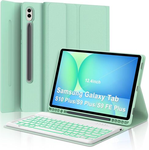 حافظة لوحة مفاتيح لجهاز Samsung Galaxy Tab S9 Plus/S10 Plus مقاس 12.4 بوصة، بإضاءة خلفية 7 ألوان مع حامل قلم S، لوحة مفاتيح لاسلكية مغناطيسية قابلة للفصل لجهاز Samsung Tab S10 Plus/S9 Plus (أزرق سماوي) in Kuwait