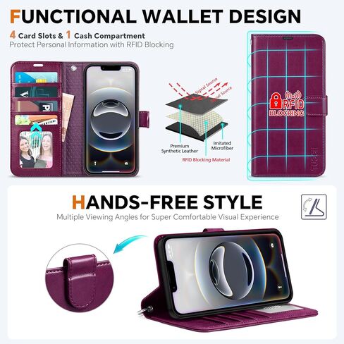 حافظة TUCCH لهاتف iPhone 16e Wallet 6.1 بوصة، [حزام المعصم] [قابل للفصل] حافظة محفظة جلدية PU مغناطيسية مزودة بحجب RFID [شحن لاسلكي] 4 حاملات بطاقات وغطاء فوليو لهاتف iPhone 16e، أرجواني أرجواني in Kuwait