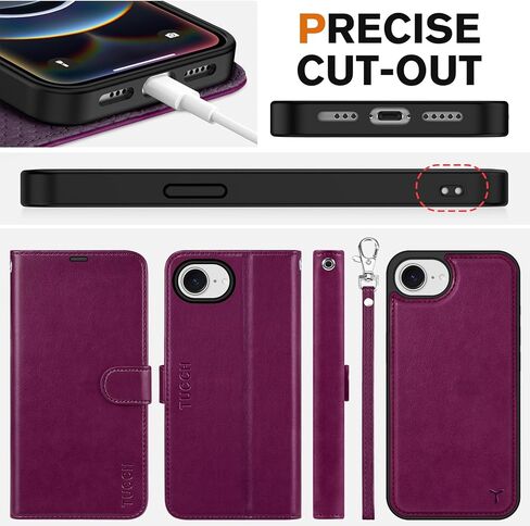 حافظة TUCCH لهاتف iPhone 16e Wallet 6.1 بوصة، [حزام المعصم] [قابل للفصل] حافظة محفظة جلدية PU مغناطيسية مزودة بحجب RFID [شحن لاسلكي] 4 حاملات بطاقات وغطاء فوليو لهاتف iPhone 16e، أرجواني أرجواني in Kuwait