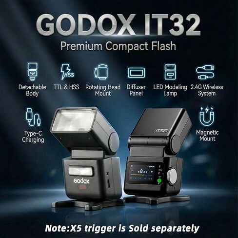 Godox IT32 TTL Camera Flash with X5S X5N Flash Trigger,Magnetic Hotshoe & Trigger 2-in-1,Colorful Touch Screen,Rotatable Flash Head,X System TTL&HSS,LED Modeling Lamp,Creative Accessories in Saudi Arabia
