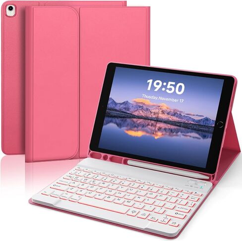 حافظة لجهاز iPad 9th 8th 7th Generation مع لوحة مفاتيح 10.2 بوصة - غطاء لوحة مفاتيح لاسلكي قابل للفصل بإضاءة خلفية 7 ألوان مع حامل أقلام، متوافق مع iPad Pro 10.5 بوصة/Air 3rd Gen (أزرق داكن) in Kuwait