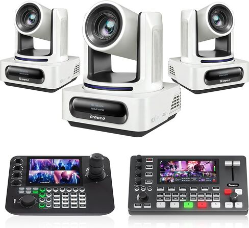 مجموعة/أطقم كاميرا Tenveo NDI PTZ، 20X AI للتتبع التلقائي NDI SDI/HDMI/USB3.0/LAN(PoE) كاميرا PTZ(*3)، وحدة تحكم عصا التحكم NDI PTZ و4K HDMI + SDI Video Switcher Mixer للأحداث المباشرة والبث الكبير in Kuwait