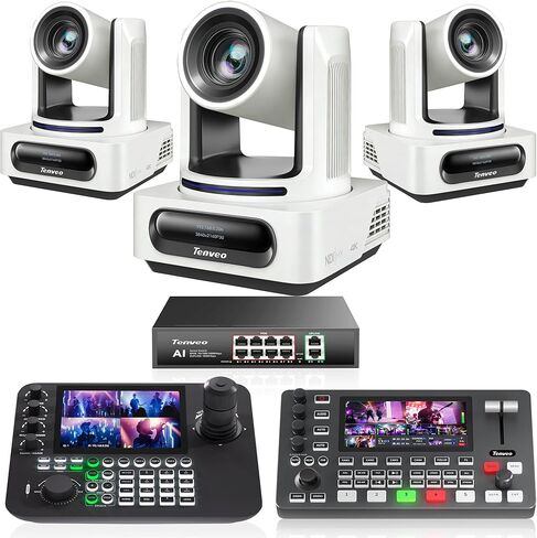حزمة/أطقم Tenveo PTZ - 20X AI Auto Tracking NDI PTZ Camera (*3) مع SDI/HDMI/USB3.0/LAN(PoE)، وحدة تحكم NDI بشاشات LCD رباعية مقاس 7 بوصات، ومحول فيديو 4K HDMI + SDI و8 منافذ Gigabit PoE in Saudi Arabia