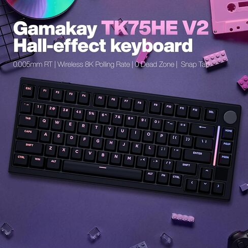 GK GAMAKAY TK75HE V2 Rapid Trigger Wireless Keyboard TFT Screen، ثلاثي الوضع BT/2.4 جيجا هرتز/USB-C، معدل الاقتراع 8 كيلو هرتز 0.005 مم RT، مفتاح مغناطيسي بتأثير القاعة 75% لوحة مفاتيح للألعاب (أسود، فينيكس مغناطيسي) in Kuwait