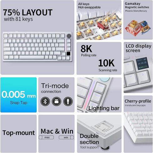 GK GAMAKAY TK75HE V2 Rapid Trigger Wireless Keyboard TFT Screen، ثلاثي الوضع BT/2.4 جيجا هرتز/USB-C، معدل الاقتراع 8 كيلو هرتز 0.005 مم RT، مفتاح مغناطيسي بتأثير القاعة 75% لوحة مفاتيح للألعاب (أسود، فينيكس مغناطيسي) in Kuwait