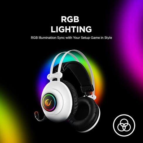 سماعة الألعاب Rampage RM-K1 Pulsar 7.1 ذات الصوت المحيطي الافتراضي RGB - برامج تشغيل 50 مم، ميكروفون مرن، عزل الضوضاء، تصميم مريح فوق الأذن - سلك USB (أبيض) in Kuwait