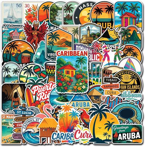50 Pcs Caribbean Stickers Waterproof Tropical Vinyl Decal Island Life Sticker Laptop Water Bottle Tablet Phone Luggage Scrapbook Journal Skateboard Guitar Fridge Gifts for Teens Adults in Saudi Arabia