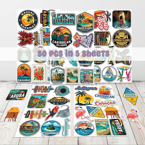 50 Pcs Caribbean Stickers Waterproof Tropical Vinyl Decal Island Life Sticker Laptop Water Bottle Tablet Phone Luggage Scrapbook Journal Skateboard Guitar Fridge Gifts for Teens Adults in Saudi Arabia