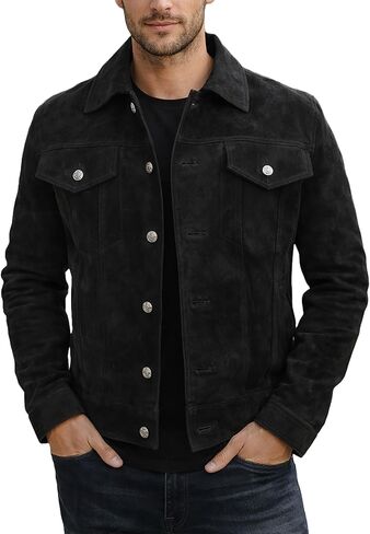 LP-FACON Mens Trucker Brown Suede Western Style Cowboy Leather Jacket in Saudi Arabia