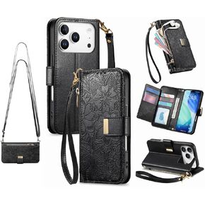 Crossbody Wallet Case for iPhone 17Pro, Wrist Strap & AdjustableShoulder Lanyard PU Leather Magnetic Snap Flip Wrist Strap Zipper Folio Flip Kickstand for Women in Kuwait