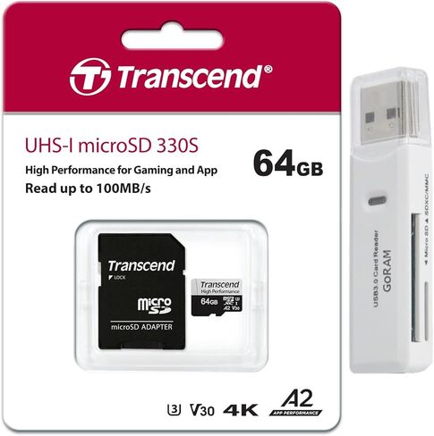 بطاقة ذاكرة MicroSDXC 330S عالية الأداء بسعة 64 جيجابايت (عبوة واحدة) من ترانسيند للألعاب والهواتف الذكية والكاميرات مع (1) قارئ GoRAM (64 جيجابايت) in Saudi Arabia
