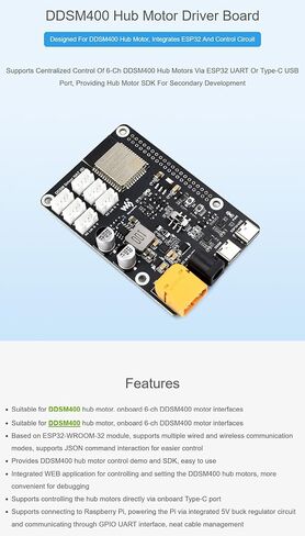 Direct Drive Servo Motor Driver Board (B) Suitable for Raspberry Pi 5 /4B, 2.4G WiFi Support, for DDSM400 Hub Motor, ESP Now Support, via ESP32 UART or Type-C USB Port @XYGStudy (DDSM Driver HAT (B)) in Saudi Arabia