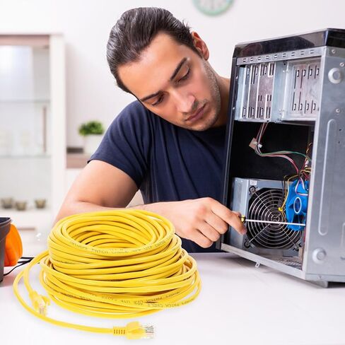 كابل شبكة إيثرنت HOMSFOU Cat 5e سلك عالي الأداء بطول 20 مترًا لشبكات المنزل والمكتب، سلك موصل Rj45 قوي أصفر مناسب لاتصالات الكمبيوتر المحمول وجهاز التوجيه in Kuwait