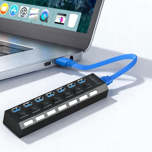 7-Port USB 3.0 Hub with Independent LED Switch, 5Gbps Data Transmission, Universal USB Extension Cable for Laptop, PC, Mac mini, iMac, Surface Pro - Durable PC Material, No Battery Required in Saudi Arabia