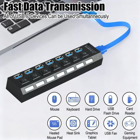 7-Port USB 3.0 Hub with Independent LED Switch, 5Gbps Data Transmission, Universal USB Extension Cable for Laptop, PC, Mac mini, iMac, Surface Pro - Durable PC Material, No Battery Required in Saudi Arabia