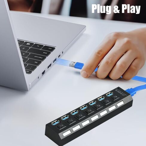7-Port USB 3.0 Hub with Independent LED Switch, 5Gbps Data Transmission, Universal USB Extension Cable for Laptop, PC, Mac mini, iMac, Surface Pro - Durable PC Material, No Battery Required in Saudi Arabia