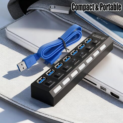 7-Port USB 3.0 Hub with Independent LED Switch, 5Gbps Data Transmission, Universal USB Extension Cable for Laptop, PC, Mac mini, iMac, Surface Pro - Durable PC Material, No Battery Required in Saudi Arabia