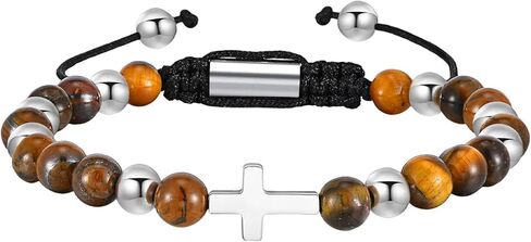 Mens Bead Bracelet, 8mm Adjustable Natural Stone Tiger Eye Beaded Bracelet Cross Bracelets for Men Women in Kuwait