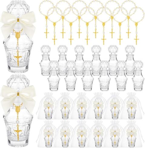 Chuangdi 12 Sets Holy Bottle Baptism Favors with Cross Rosary 50ml Empty Glass Holy Container Bow Water Bottle for Guests Baptism Gifts Church Wedding Baptism Favors(Elegant) in Saudi Arabia