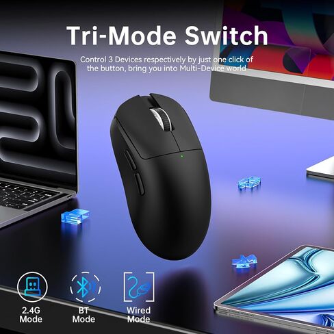 ماوس ألعاب لاسلكي قابل لإعادة الشحن - 10000 نقطة في البوصة قابلة للتعديل، عمر بطارية طويل جدًا 120 ساعة، أوضاع اتصال مزدوجة (BT5.2/3.0 و2.4 جهاز استقبال من النوع C) متوافق مع أجهزة الكمبيوتر الشخصية وأجهزة Mac والكمبيوتر المحمول (أسود) in Kuwait
