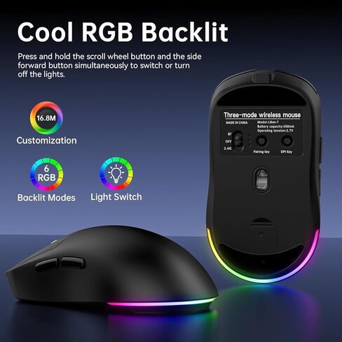 ماوس ألعاب لاسلكي قابل لإعادة الشحن - 10000 نقطة في البوصة قابلة للتعديل، عمر بطارية طويل جدًا 120 ساعة، أوضاع اتصال مزدوجة (BT5.2/3.0 و2.4 جهاز استقبال من النوع C) متوافق مع أجهزة الكمبيوتر الشخصية وأجهزة Mac والكمبيوتر المحمول (أسود) in Kuwait
