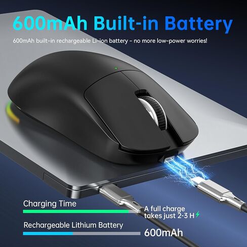 ماوس ألعاب لاسلكي قابل لإعادة الشحن - 10000 نقطة في البوصة قابلة للتعديل، عمر بطارية طويل جدًا 120 ساعة، أوضاع اتصال مزدوجة (BT5.2/3.0 و2.4 جهاز استقبال من النوع C) متوافق مع أجهزة الكمبيوتر الشخصية وأجهزة Mac والكمبيوتر المحمول (أسود) in Kuwait