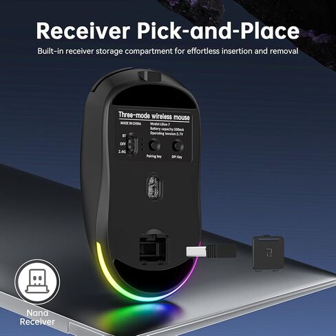 ماوس ألعاب لاسلكي قابل لإعادة الشحن - 10000 نقطة في البوصة قابلة للتعديل، عمر بطارية طويل جدًا 120 ساعة، أوضاع اتصال مزدوجة (BT5.2/3.0 و2.4 جهاز استقبال من النوع C) متوافق مع أجهزة الكمبيوتر الشخصية وأجهزة Mac والكمبيوتر المحمول (أسود) in Kuwait