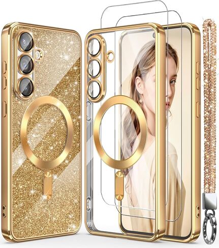 Magnetic for Samsung Galaxy S25 FE 5G Case + 2X Screen Protectors,Luxury Plated Gold Edge [Glitter Card&Wrist Strap] Slim Soft Crystal Clear TPU Shockproof Case Cover for S25 FE-Pink in Saudi Arabia