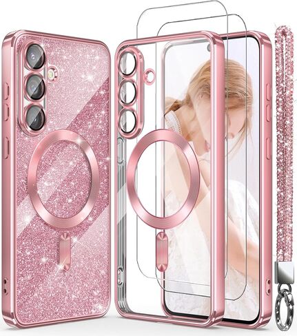 Magnetic for Samsung Galaxy S25 FE 5G Case + 2X Screen Protectors,Luxury Plated Gold Edge [Glitter Card&Wrist Strap] Slim Soft Crystal Clear TPU Shockproof Case Cover for S25 FE-Pink in Saudi Arabia