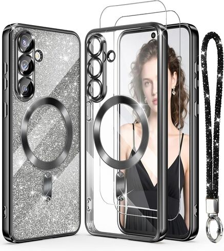 Magnetic for Samsung Galaxy S25 FE 5G Case + 2X Screen Protectors,Luxury Plated Gold Edge [Glitter Card&Wrist Strap] Slim Soft Crystal Clear TPU Shockproof Case Cover for S25 FE-Pink in Saudi Arabia