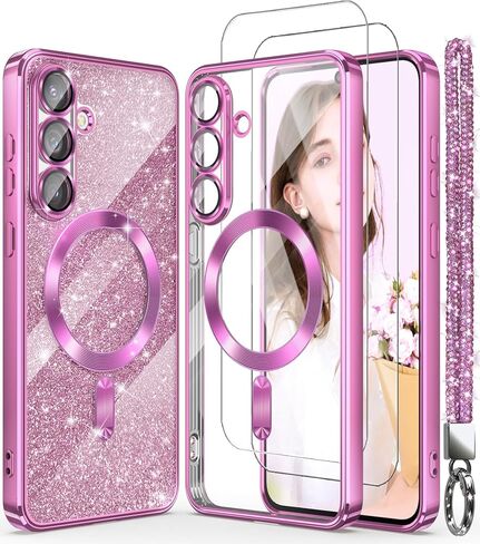 Magnetic for Samsung Galaxy S25 FE 5G Case + 2X Screen Protectors,Luxury Plated Gold Edge [Glitter Card&Wrist Strap] Slim Soft Crystal Clear TPU Shockproof Case Cover for S25 FE-Pink in Saudi Arabia