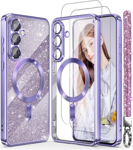 Magnetic for Samsung Galaxy S25 FE 5G Case + 2X Screen Protectors,Luxury Plated Gold Edge [Glitter Card&Wrist Strap] Slim Soft Crystal Clear TPU Shockproof Case Cover for S25 FE-Pink in Saudi Arabia